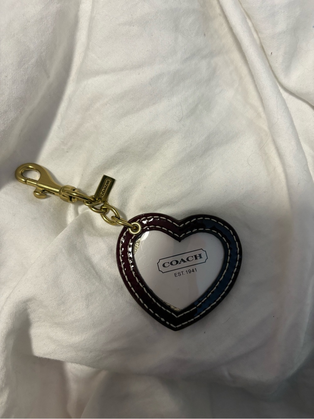 Y2K RARE Coach Heart Photo Holder Bag Charm, Burgundy Leather With Gold Hardware